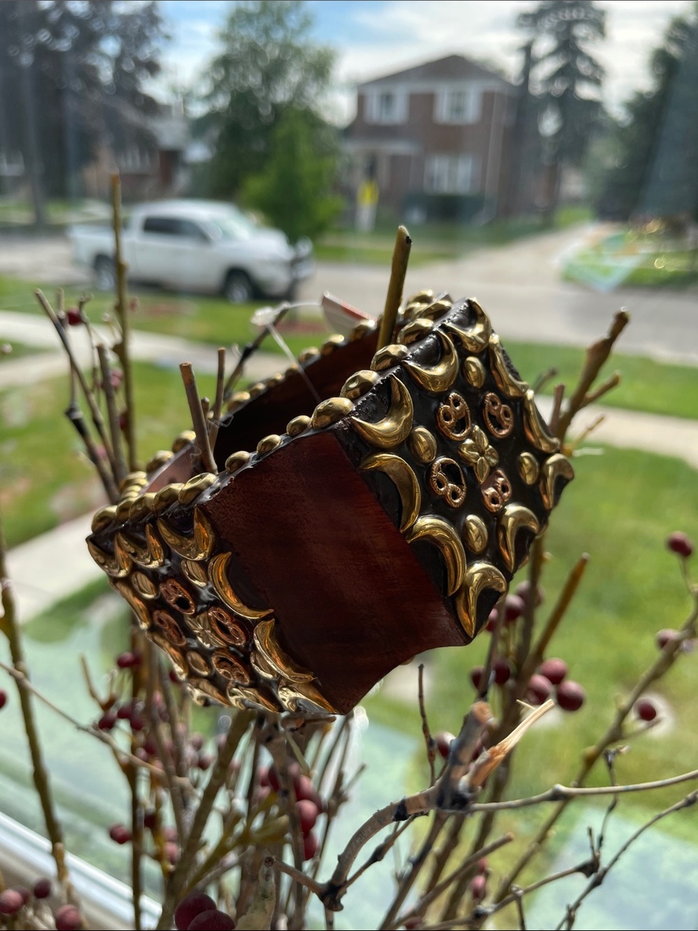 Chunky Handcrafted Brown and Gold Decorative Wood Bracelet